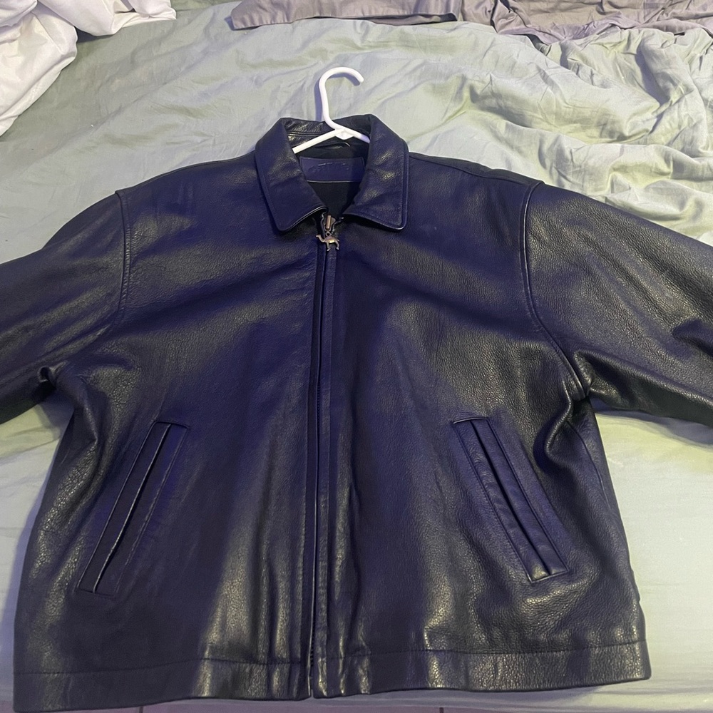 Navy Bomber Jacket with Ribbed Cuffs and Varsity Stripes